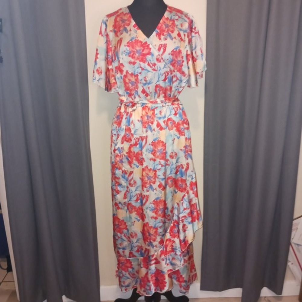 All in Love  Cottagecore Floral Wrap Maxi‎ Dress Flutter Sleeve Belted Ruffle XL